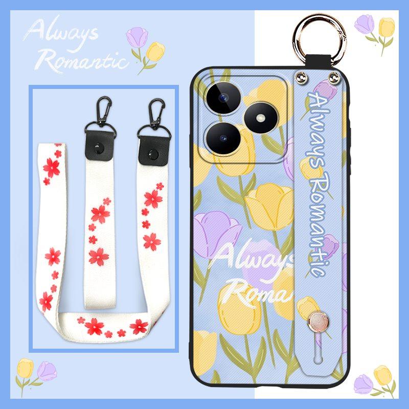 Back Cover Anti-knock Phone Case For Realme C53/Narzo N53 Wrist Strap Phone Holder Dirt-resistant Waterproof Ring Flower