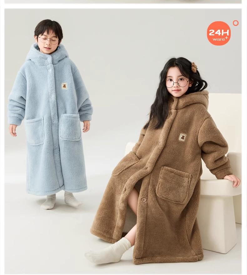 Kids' Winter Coral Fleece Bathrobe - Double-Layer Warm Pajamas for Boys or Girls