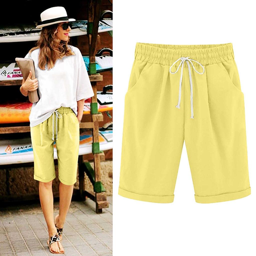 Women's Casual Loose Beach Pants Solid Color Loose Casual Fifth Pants Pockets Linen Shorts