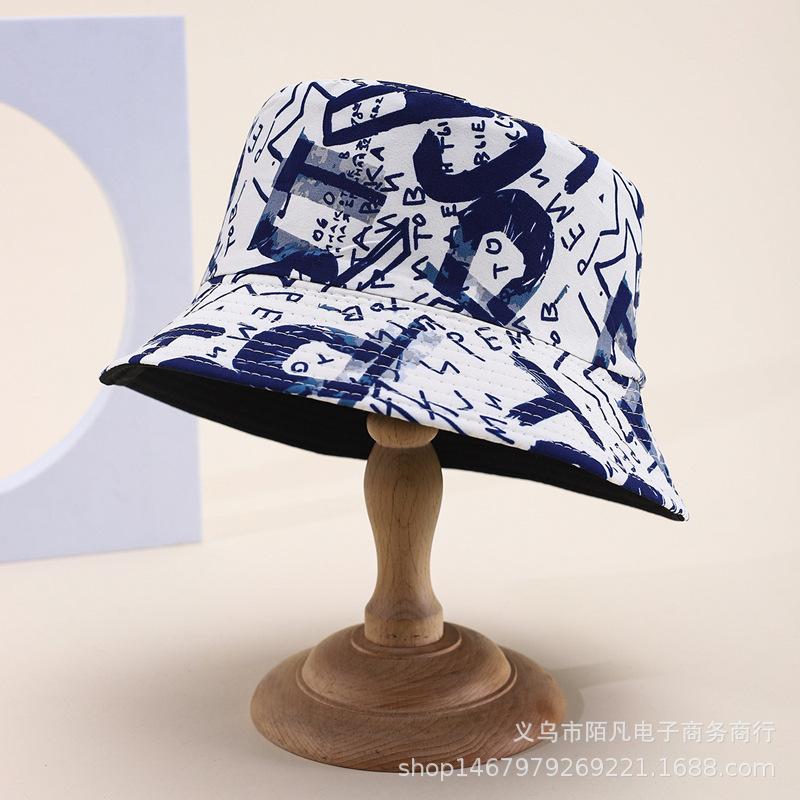 Doodle letter double-sided bucket hat, European and American fashionable casual sunshade hat, men's and women's spring/summer outing pot hat