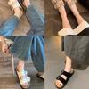 Cowhide version~ Summer new one-word with square buckle thick-bottomed beach slippers women's sandals