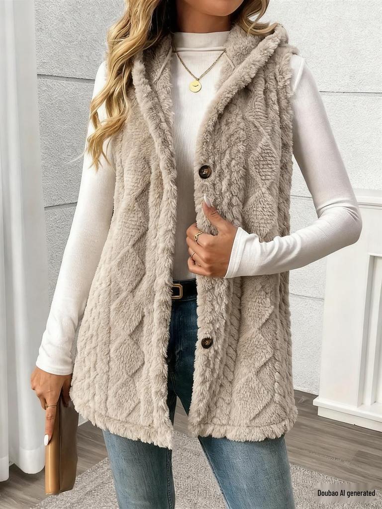 Solid Color Double-Sided Plush Hooded Button Cardigan: Casual Women's Fall/Winter Vest
