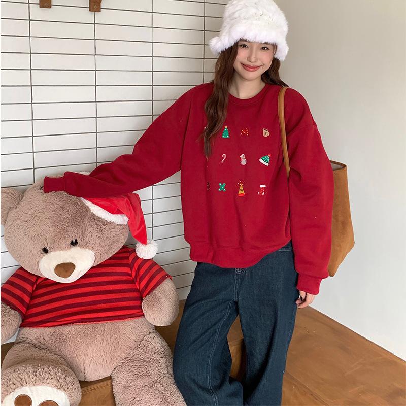 2025 winter Korean version fleece thickened sweater Christmas red loose crew neck