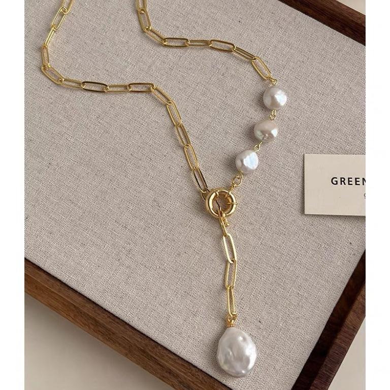 Button Baroque Shaped Freshwater Pearl Necklace Femininity Fashion Long Y Sweater Chain Autumn And Winter Sweater Chain