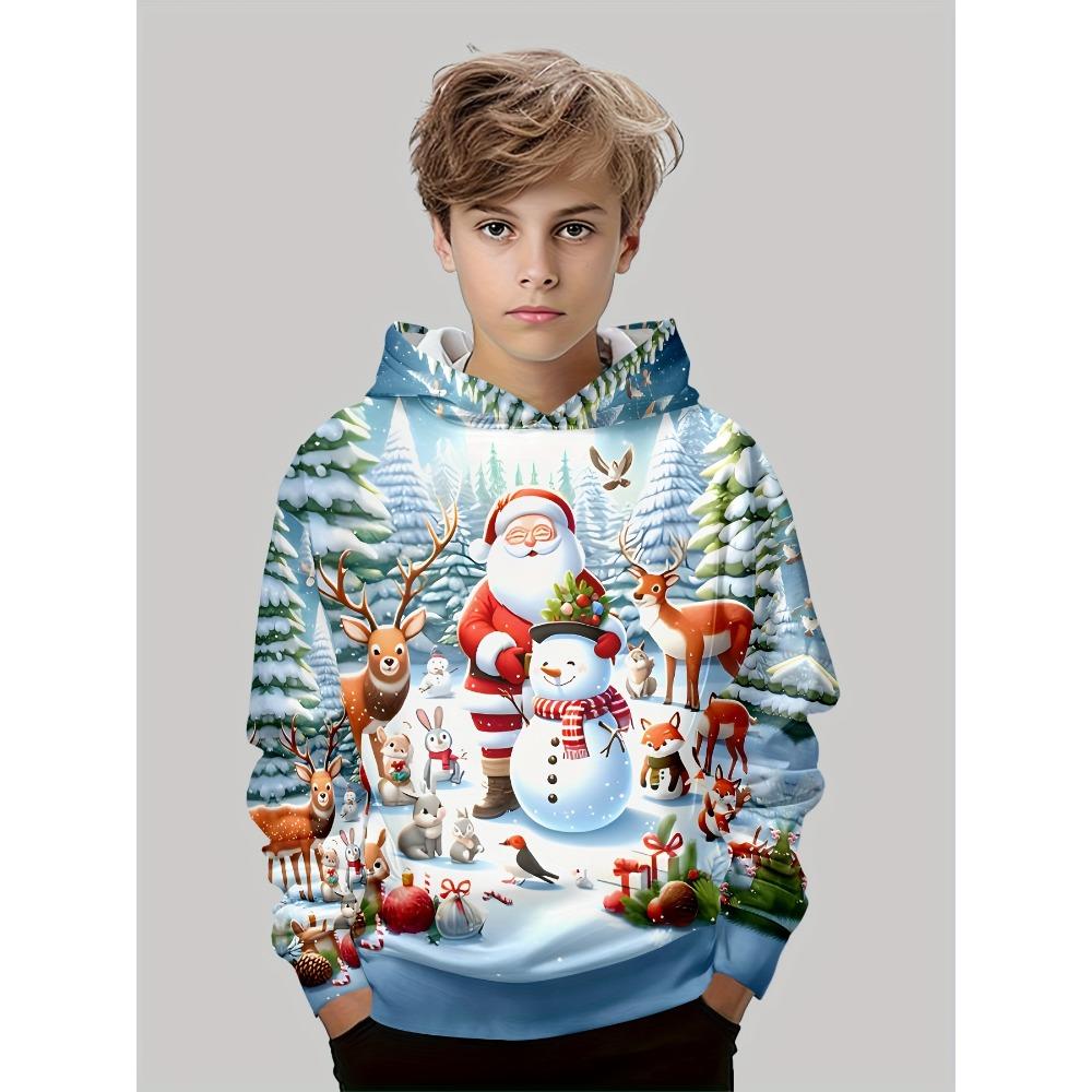 Dětská vtipná vánoční mikina s kapucí, mikina s dlouhým rukávem se Santa Clausem a sobem, chlapecký vánoční dárek