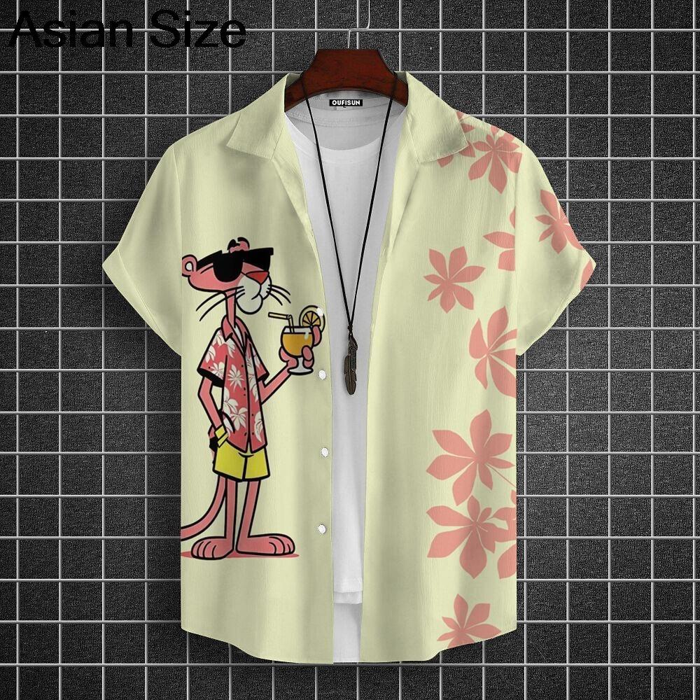 Cartoon Leopard Grafik Herren Kurzarm Hemd mit Kragen Oberteile Unisex Rosa Knopfleiste Hawaiian Hemden Sommer Täglich Damen Blusen