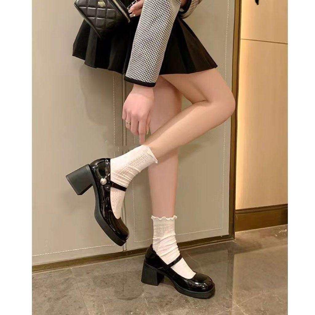 Versatile Round Head Thick Heel British Style Black Retro Small Leather Shoes for Women's New Shallow Mouth French Mary Jane Small Leather Shoe