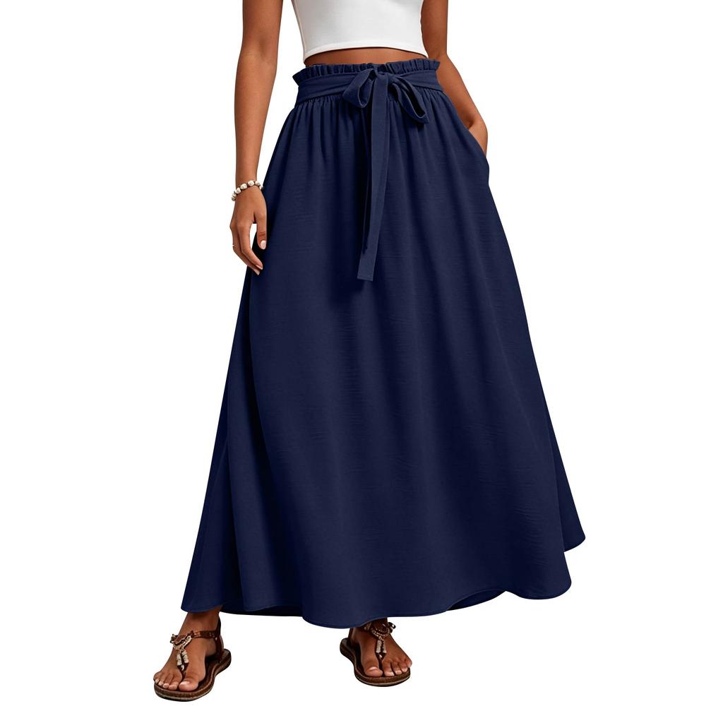 Women's High-Waisted Flowy A-Line Skirt With Tie-Waist, -Color Summer Dress With Elastic Waistband