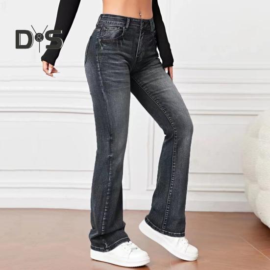 Damjeans Hög midja Utsvängd fåll Knäppning med dragkedja Gradientfärg Lös passform Flera fickor Streetwearbyxor Vardagskläder Långbyxor