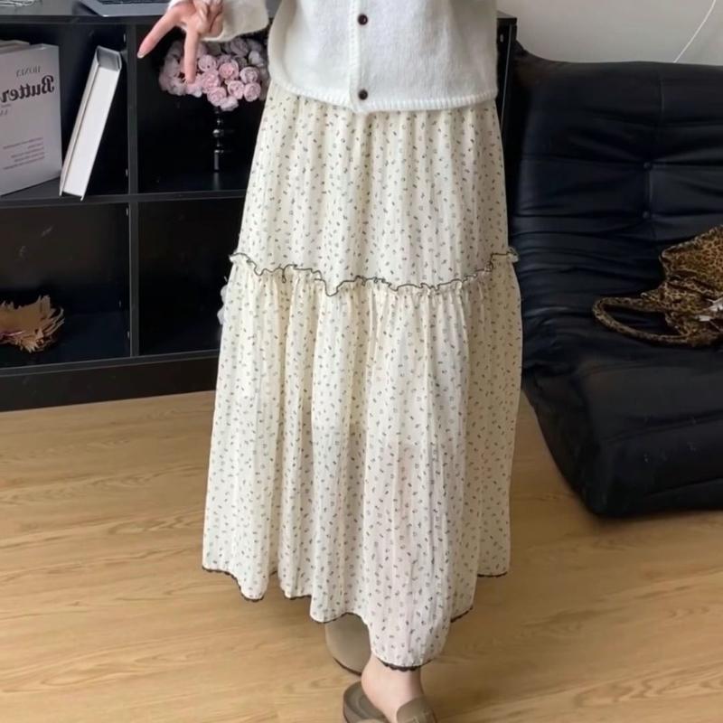 Women's Vintage Floral Ruffle High-Waist Apricot A-Line Maxi Skirt - Summer Girlish Style Half Skirt