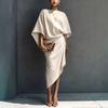 Women's French loose bat sleeves, linen skirt, pleated irregular wrap mid-length dress