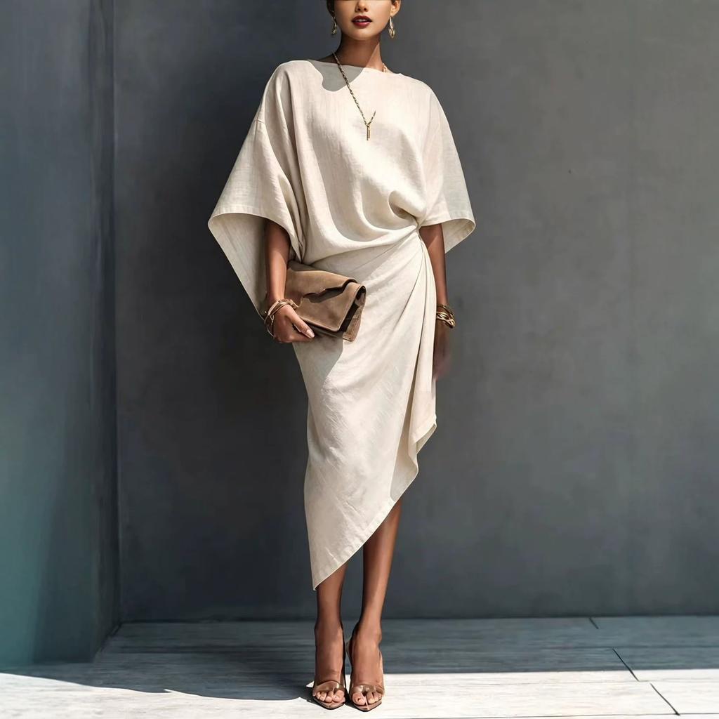Women's French loose bat sleeves, linen skirt, pleated irregular wrap mid-length dress
