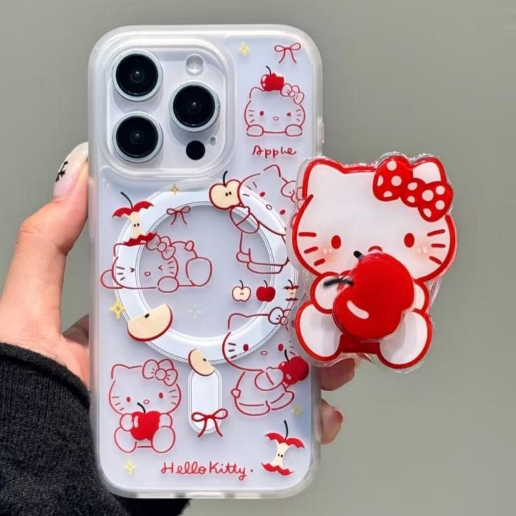Red Apple Line Kitty Applies To Apple 16promax Matte 15 Magnetic Suction Bracket 14 Cute 13 Mobile Phone Case