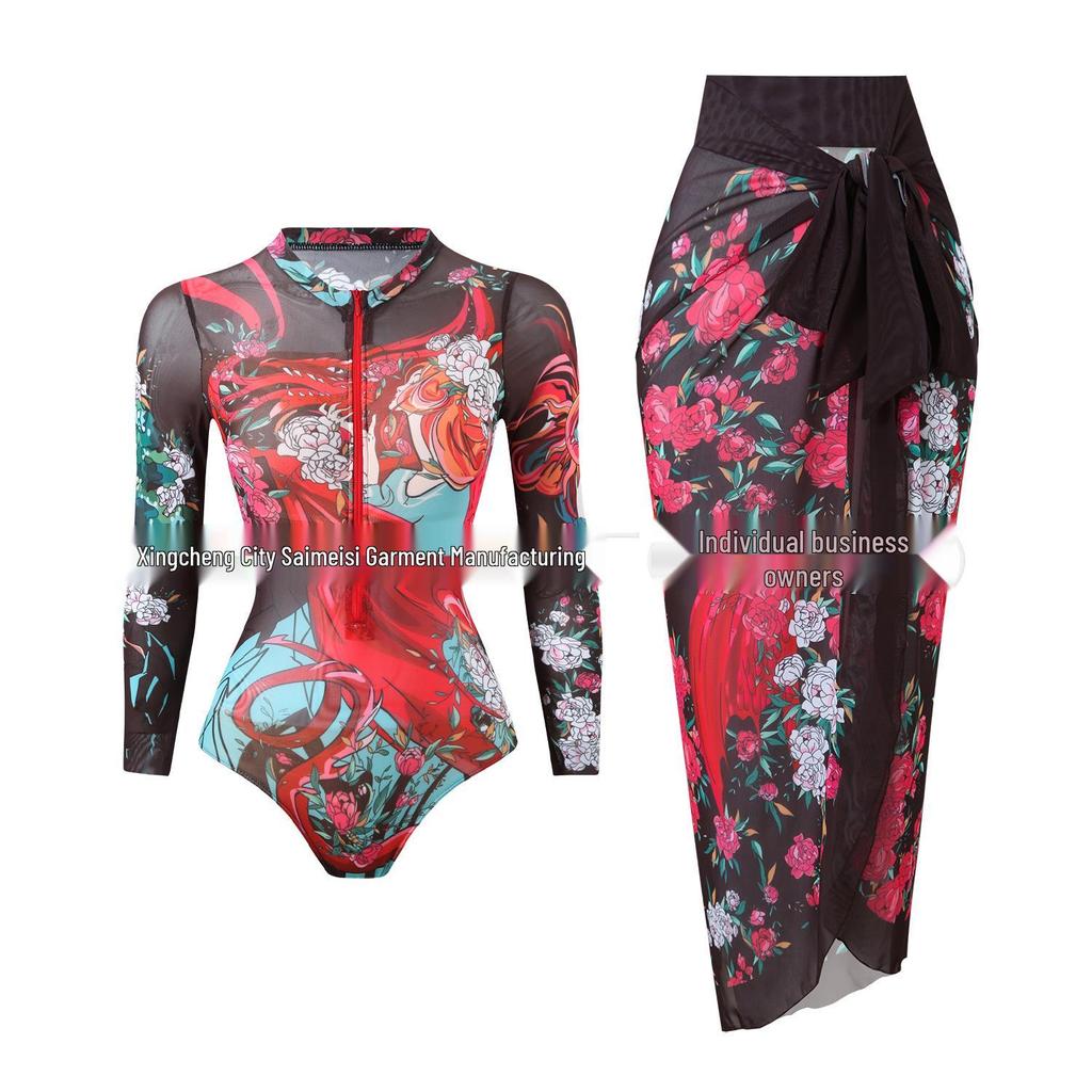 2025 Women's Long Sleeve Sun Protection Russian Swimsuit - European American Surfwear Beach Dress