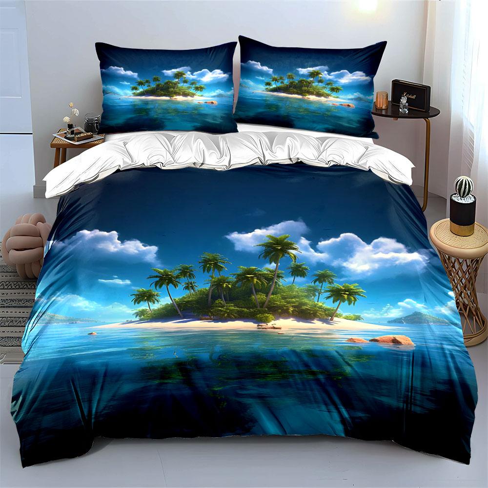 Tropical Palm Island with Blue Water Print Bedding Set 1Duvet Cover 2Pillowcases for Adult and Children Luxury Gift Full Size