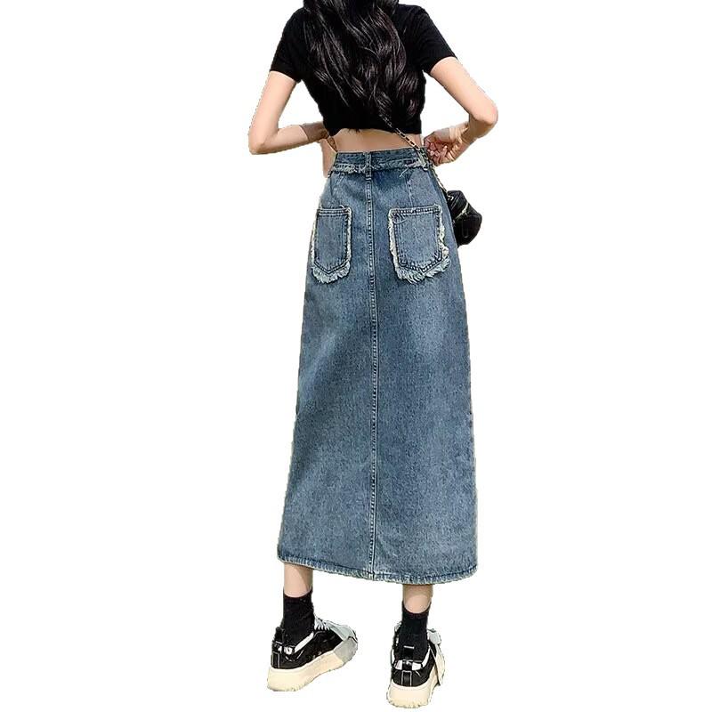 2026 Women's Designer High-Waisted Retro Denim A-Line Slit Skirt
