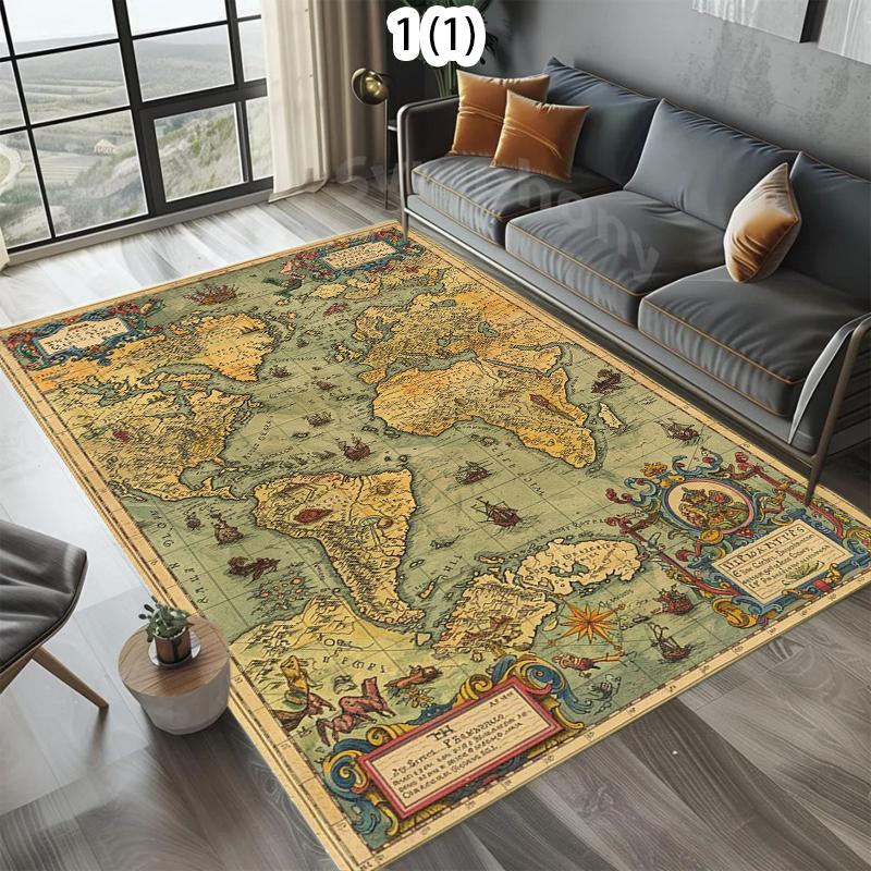Vintage Area Rug Non-Slip Classic World Map Print for Kids Room Living Bathroom Study Office Washable Kids Crawling Mat Carpet