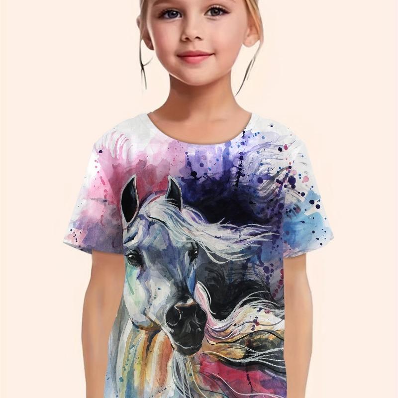 Children's Clothing Girl Clothes Short Sleeve Girl Casual Vintage Horse Print Kids Summer Clothes