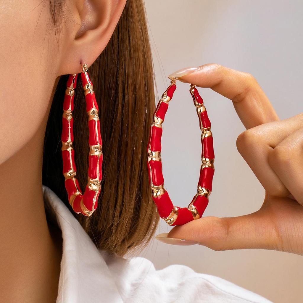 European Geometric Enamel Earrings: Women's Bamboo Joint Hoops
