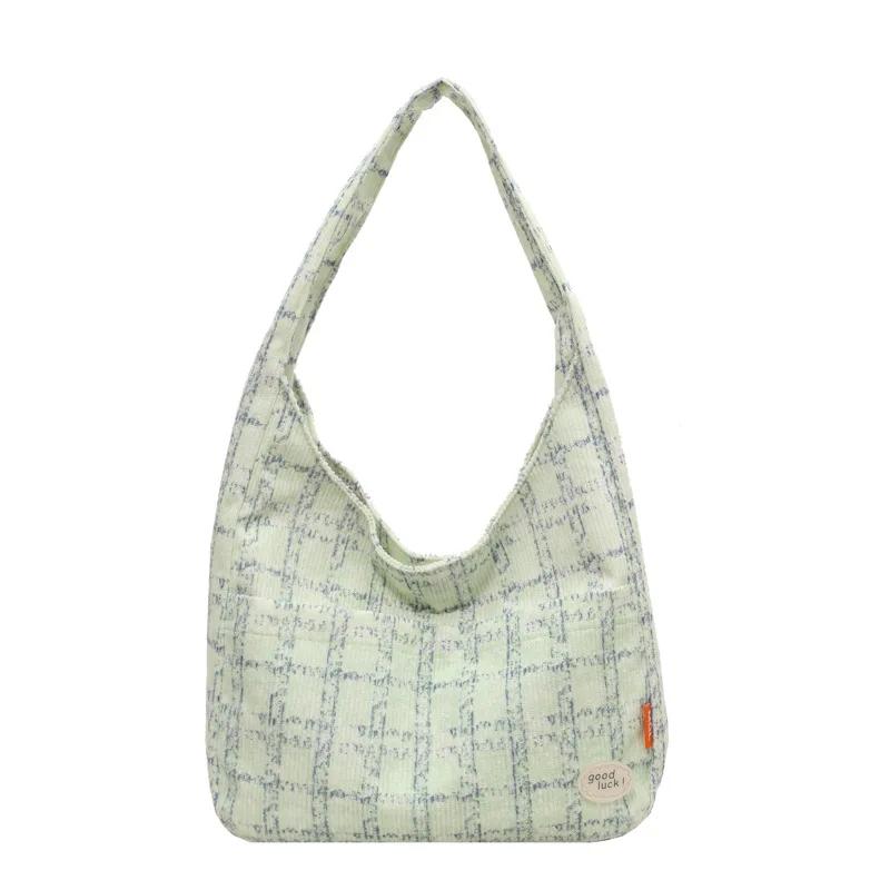 Large Capacity Underarm Bag Female  New Student Class Plaid Canvas Bag Versatile Shoulder Commuter Tote Bag