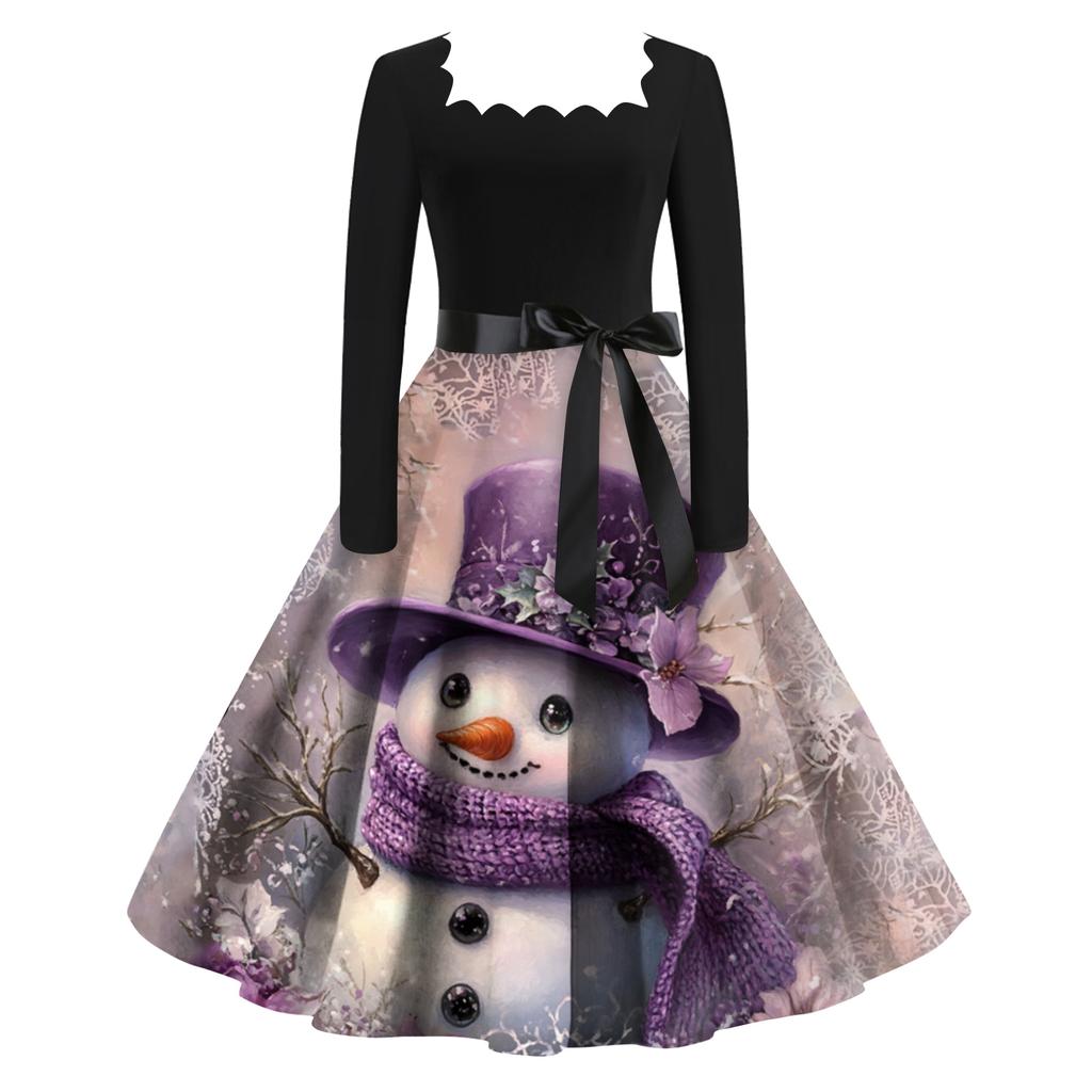 Women's Fashion Retro Long-sleeved Square Collar Christmas Printed Evening Dress