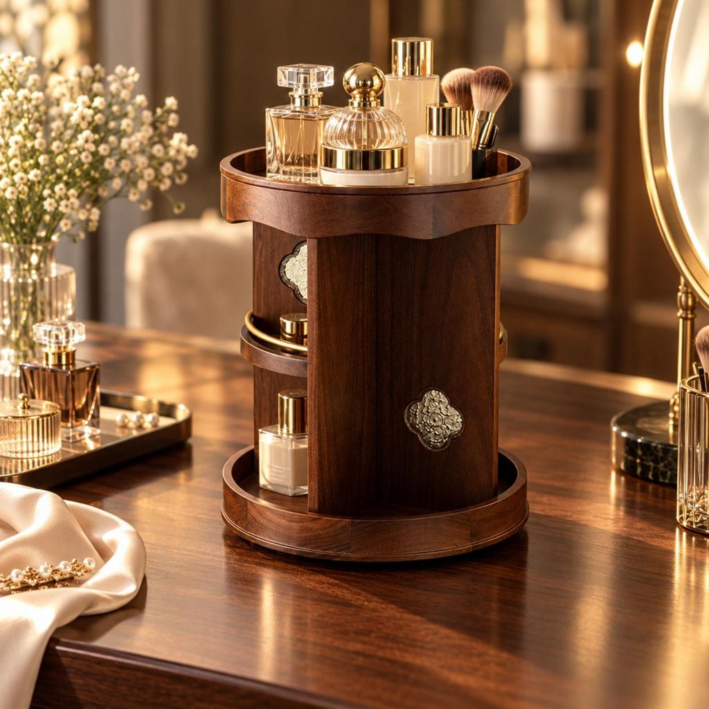 Rotating Cosmetic Storage Organizer Open Design Wooden Vanity with