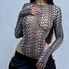 European and American Style Sexy Spice Girl One-piece Bottoming Shirt Spring Printing Mesh Open Onesie Slightly Transparent Long-sleeved Inner