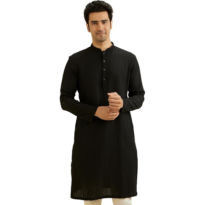 Manyavar Men's Spandex Self Design Kurta (Black,XL)