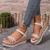 Women'S Espadrille Wedge Sandals with Braided Rope and Rivet Details – Comfortable Open Toe Platform Heels, Beige and Brown Color Scheme