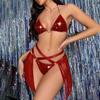 Fun Underwear Sexy Women's Lacquer Leather Hollow Out Bikini Underwear Set