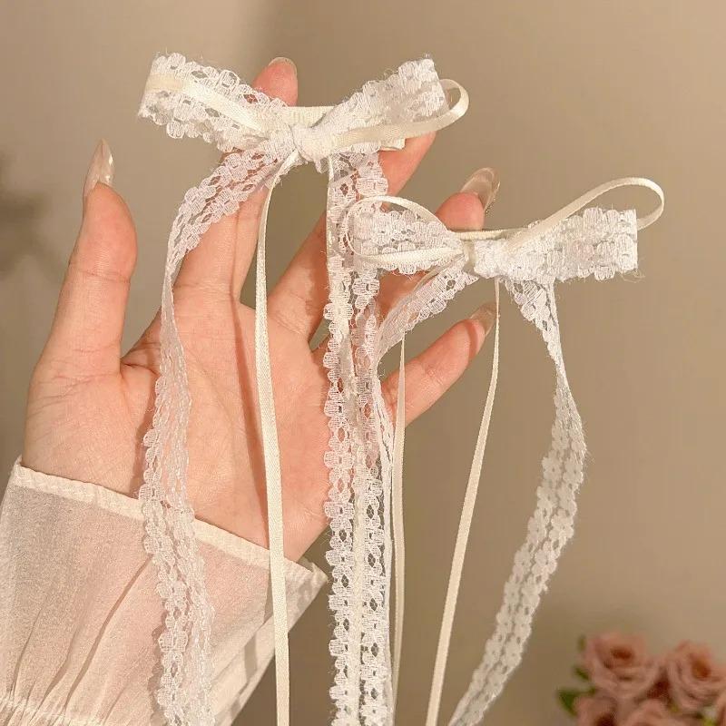 2/4Pcs Sweet Lace Bow Hair Clip White Ribbon Tassel Design Hollow Out Barrettes for Women Girls Trendy Hair Accessories