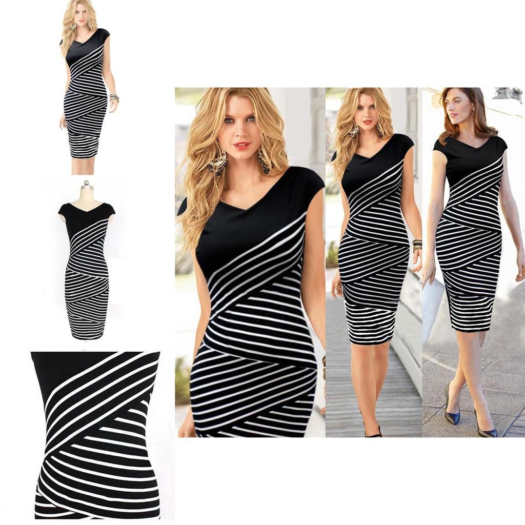 Womens Elegant Summer V Neck Stripe Bodycon Pencil Dress Perfect For Office And Party Wear