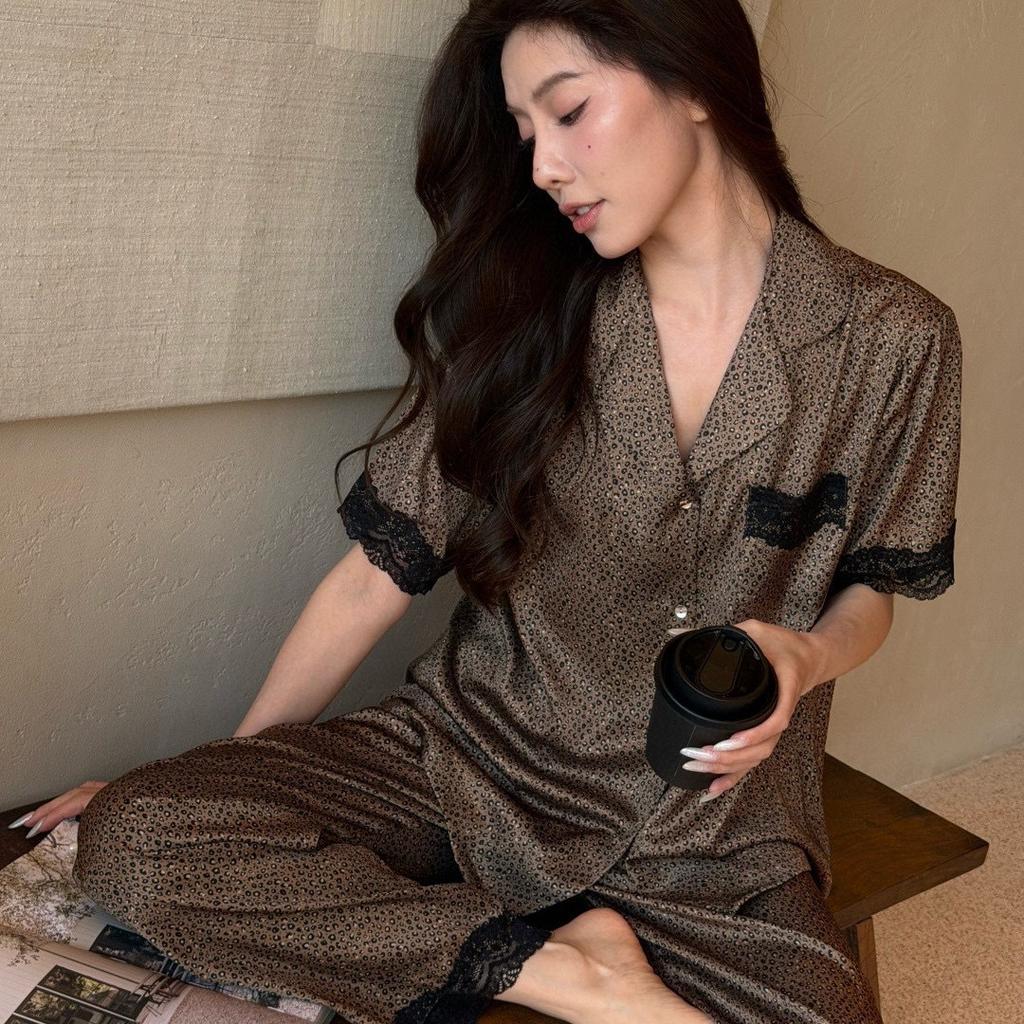 Summer Ice Silk Pajamas Women's Short-sleeved Trousers High-end French Lace Leopard Print Printing Internet Celebrity Loungewear Can Be Worn Outside