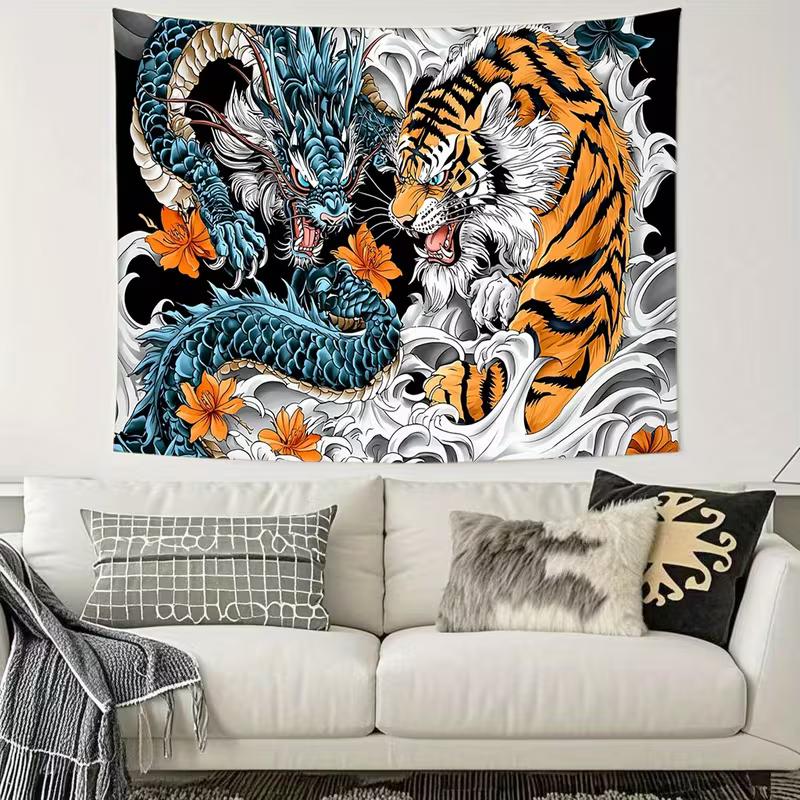 2D Traditional Asian Style Background Cloth Dragon Tiger Floral Wave Banner for Party