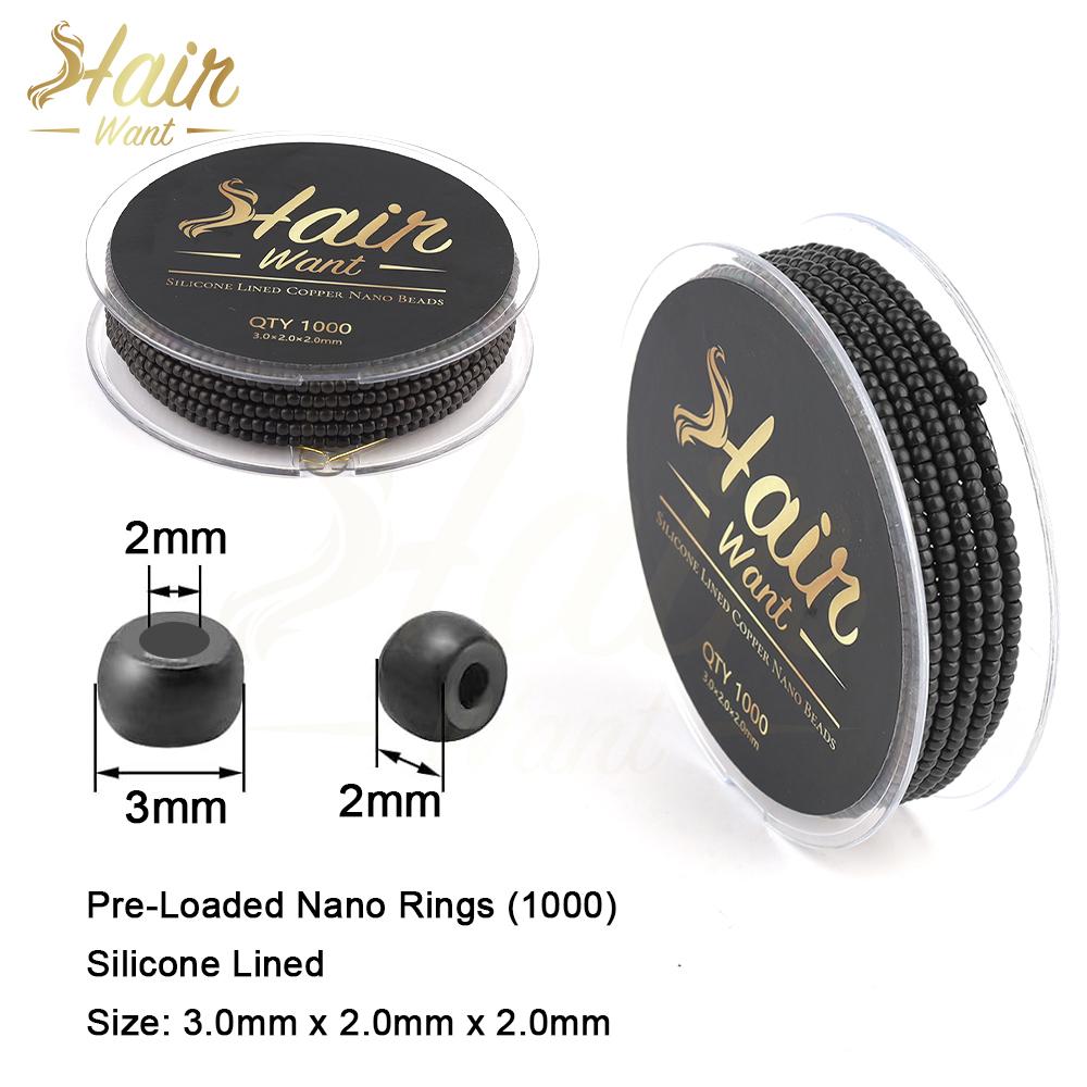 Capelli Vogliono 1000 Pezzi 3,0 mm 1000 Pezzi Perline di Rame Nano Pre-caricate Per Estensioni a Trama Anelli Nano Perline per Estensioni Capelli Rivestite in Silicone