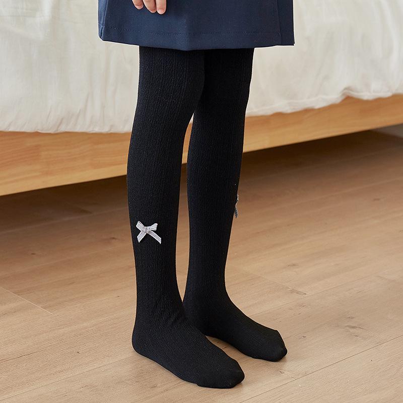 Kids' Winter Plus Velvet Thickened Knit Tights with Bow - Combed Cotton Cable Knit