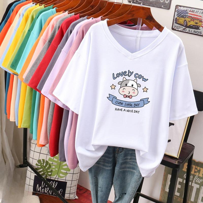 

Футболка з коротким рукавом, Вільного крою, Приталена футболка з V-подібним вирізом з принтом для жінок S білий