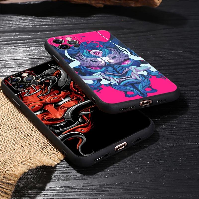 Japan Oni Samurai Yokai Mask Dragon Art Black Cover For Apple iPhone 15 13 14 12 11 Pro Max Mini XS 6 7 8 Plus Cases Soft Fundas