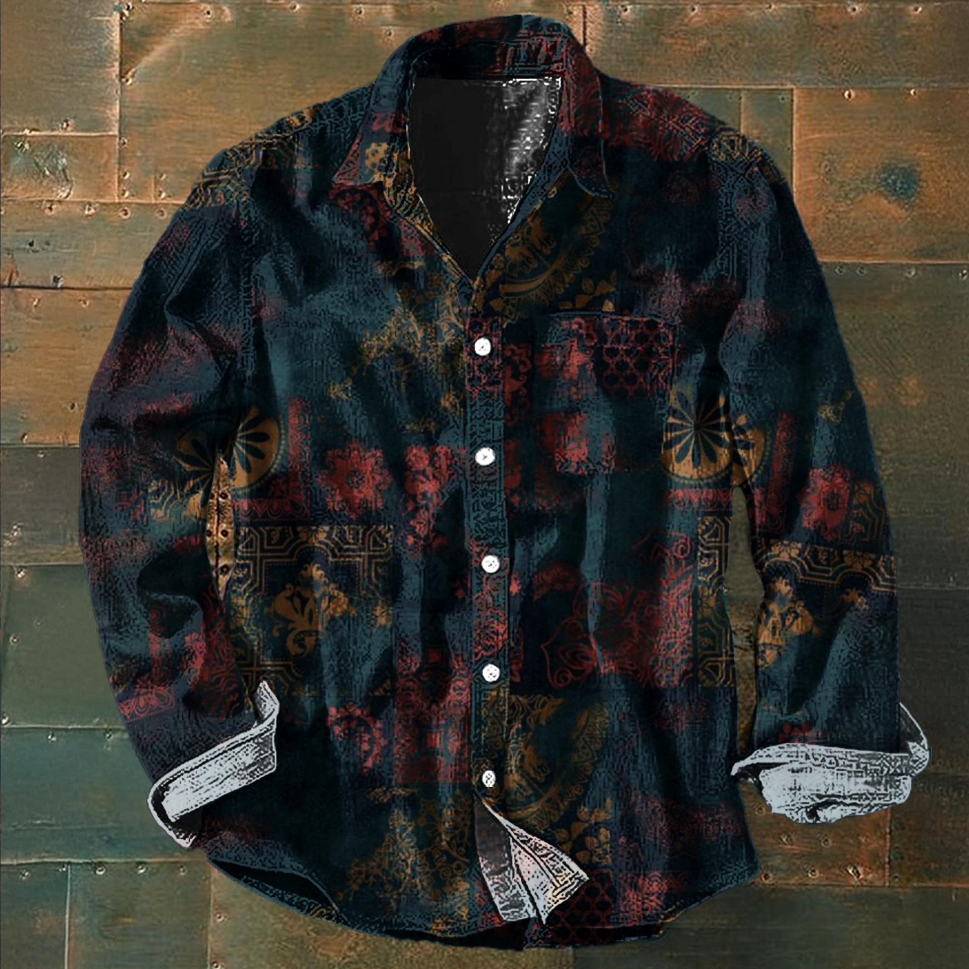 Herren Langarm-Hemd mit Knöpfen und einem Retro-Urlaubs-inspirierten Color-Block-Print XL black