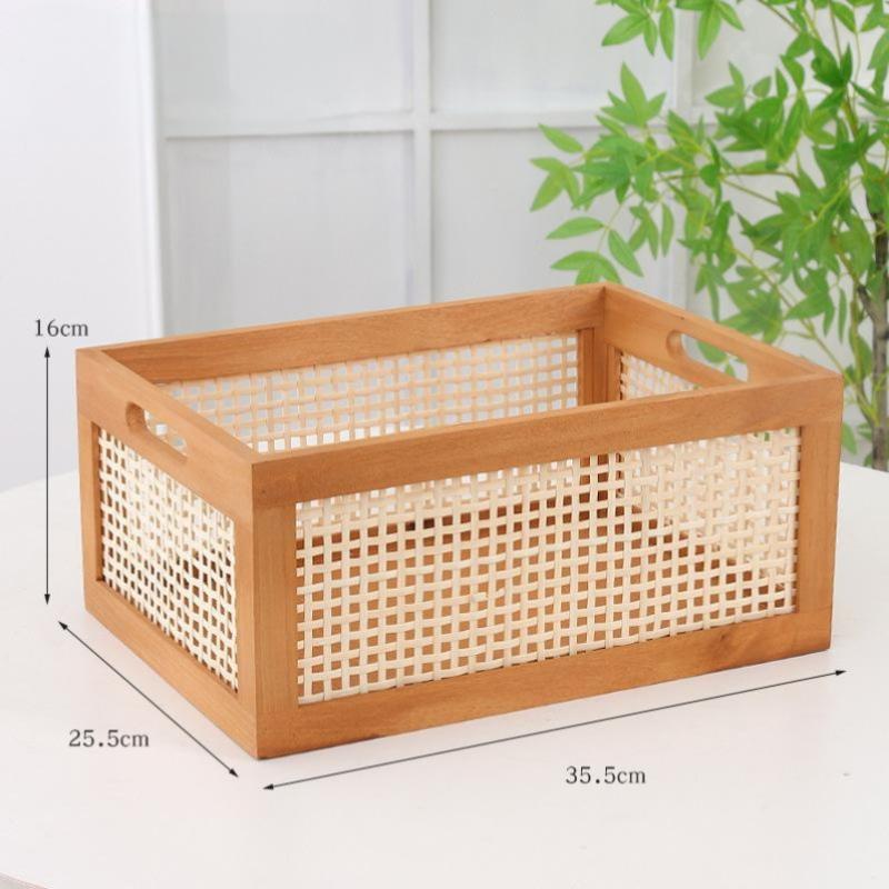 Retro Solid Wood Storage Box with Rattan Accents - Multifunctional Desktop Organizer for Home, Kitchen & Bathroom