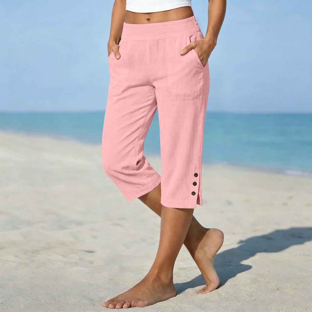 Pantaloni da Donna a Gamba Dritta Corti, Vestibilità Larga, in Lino e Cotone, con Tasche Laterali e Fondo Spaccato con Bottone, per Uso Casual