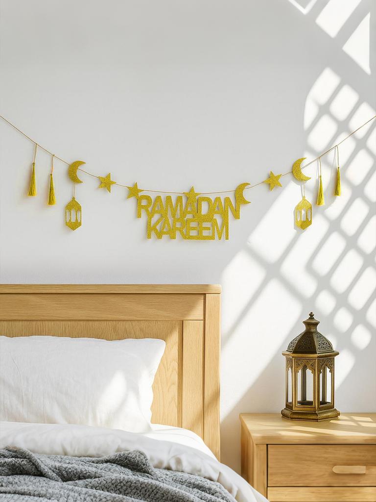 Ramadan Kareem Guldglitter Banner Non-Woven Tyg Stjärna Måne Lykta Tofs Väggdekor Girlang Islamisk Festlig Hemdekoration