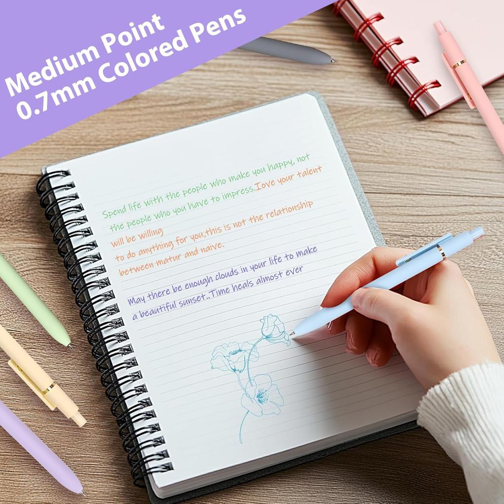 FIOVER Colorful Gel Pens - 6Pcs 0.7mm Multi-Colored Pens, Smooth Writing Coloring Journaling Supplies for Note Taking, Cute Aesthetic Office School