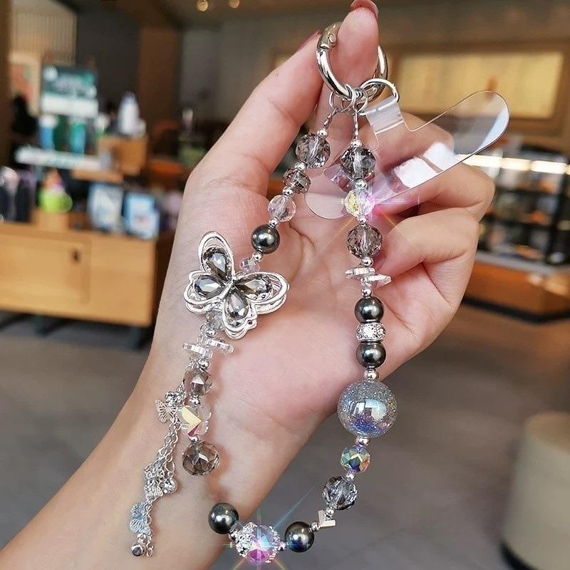 Premium Sense Heavy Industry Diamond-encrusted Butterfly Pendant Colorful Round Bead Ins Wind Crystal Beaded Mobile Phone Chain