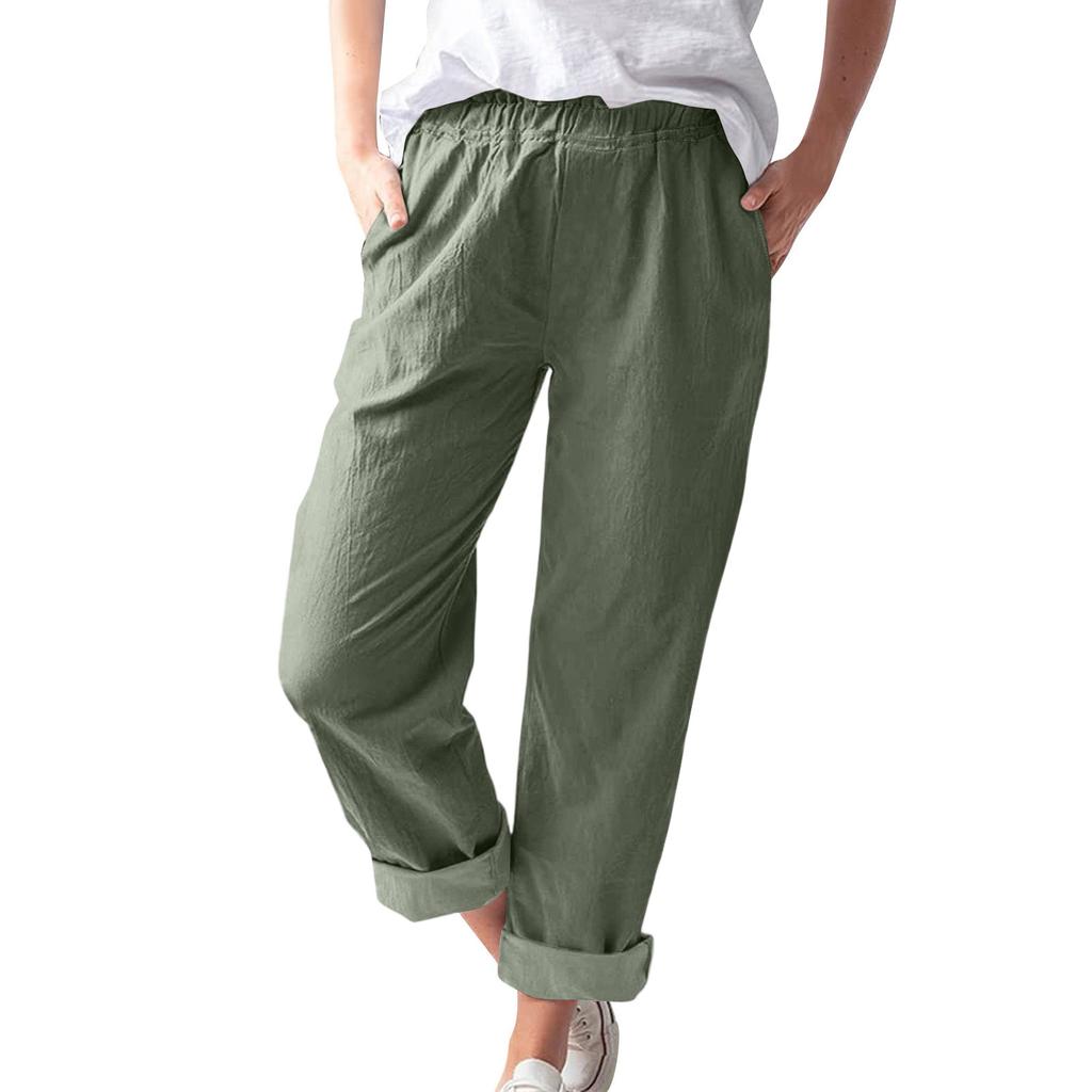 Damen Leinen Weite Hosen Elastischer Bund Lässige Lockere Hosen mit Taschen Leichte Alltags Hosen