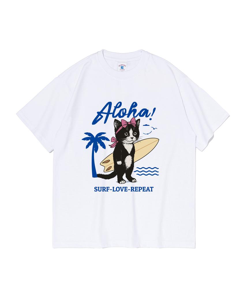 ROIDESROIS Aloha Kitten Cat Print Short Sleeve T-Shirt (White)