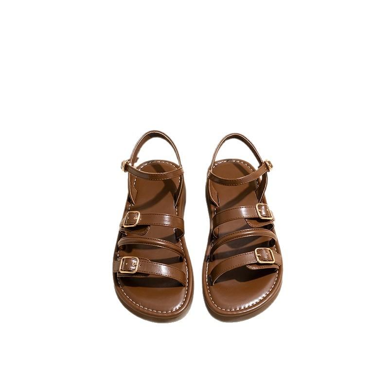 Flat-soled Sandals Women's 2025 New Summer Outer Wear Belt Buckle One-word Open-toed Roman Shoes Soft-soled Fashion Beach Shoes