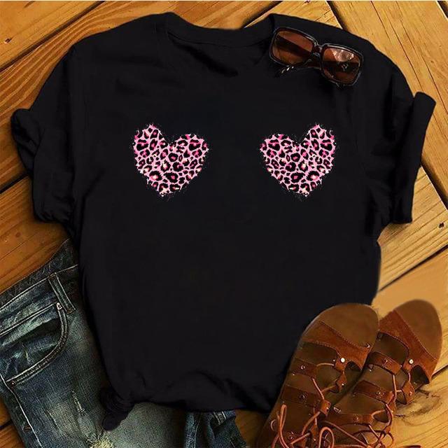New Women Black T Shirt Feather Flower Love Heart Printed Tops Ladies Female Cute Graphic Tee Shirts Women O-Neck T-Shirts Tops