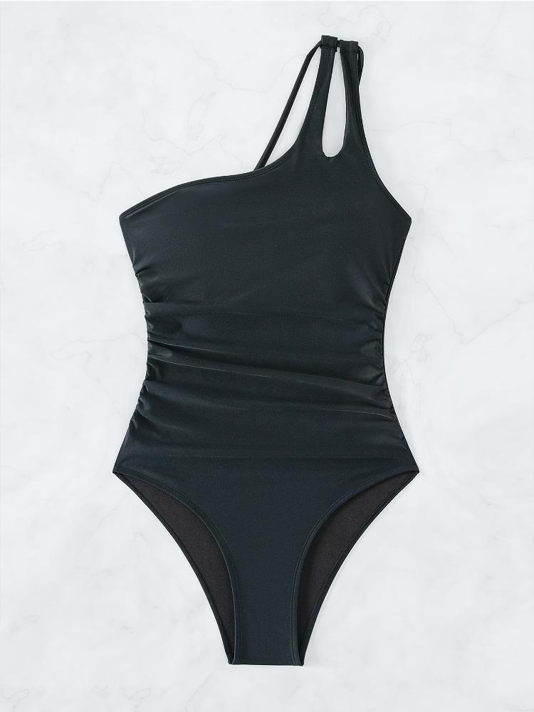 Solid Color One Shoulder Sexy High Waist One Piece Bikini Swimsuit Women Fashion Beach Vacation Elegant Wear