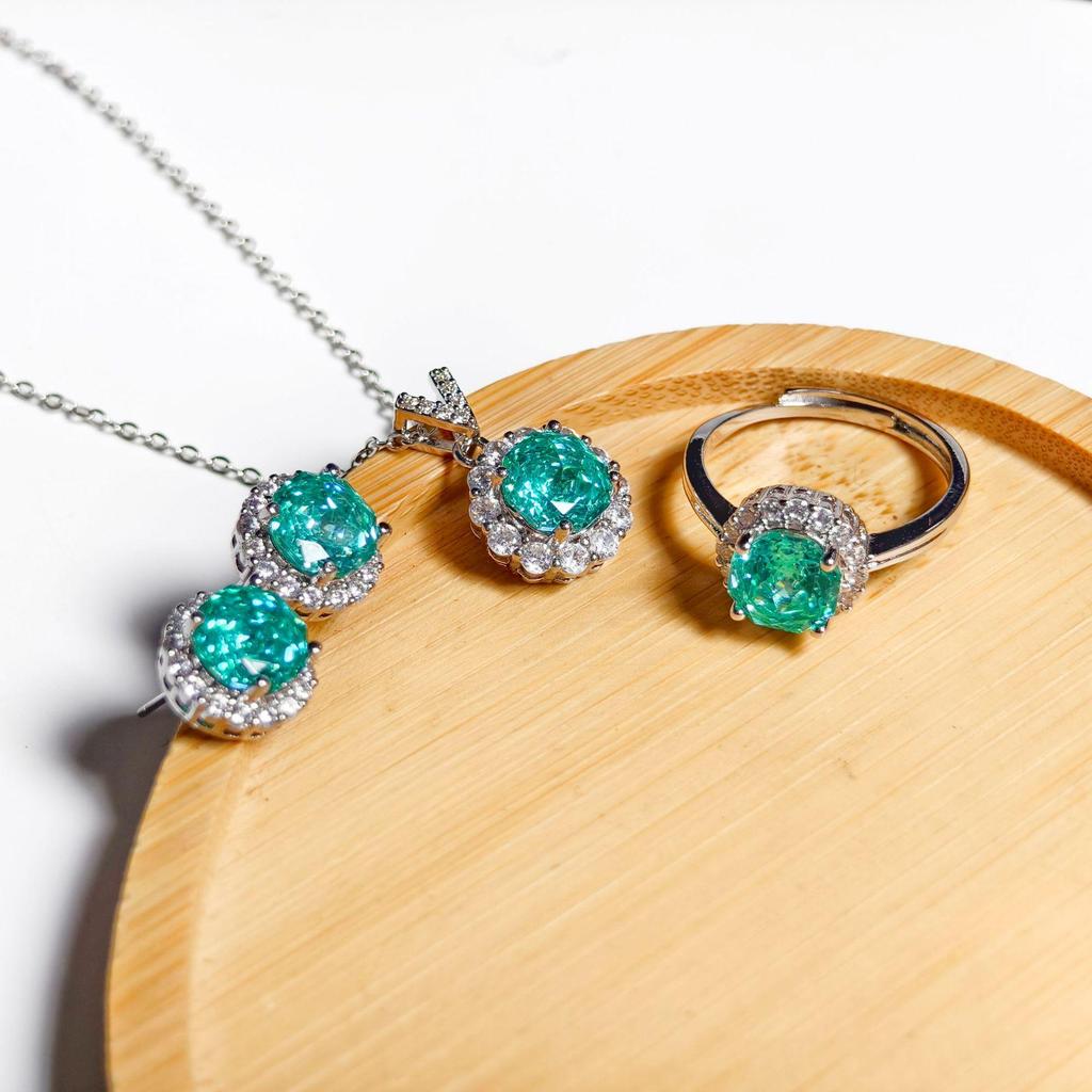 Gessen Paraiba Schlichtes Rosenschliff Schmuckset: Exquisite Ohrringe, Ring & Anhänger im leichten Luxusstil.